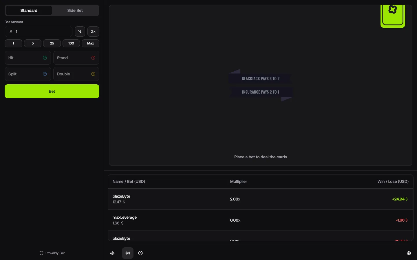 Blackjack interface