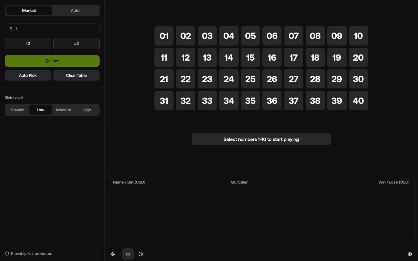 Keno interface